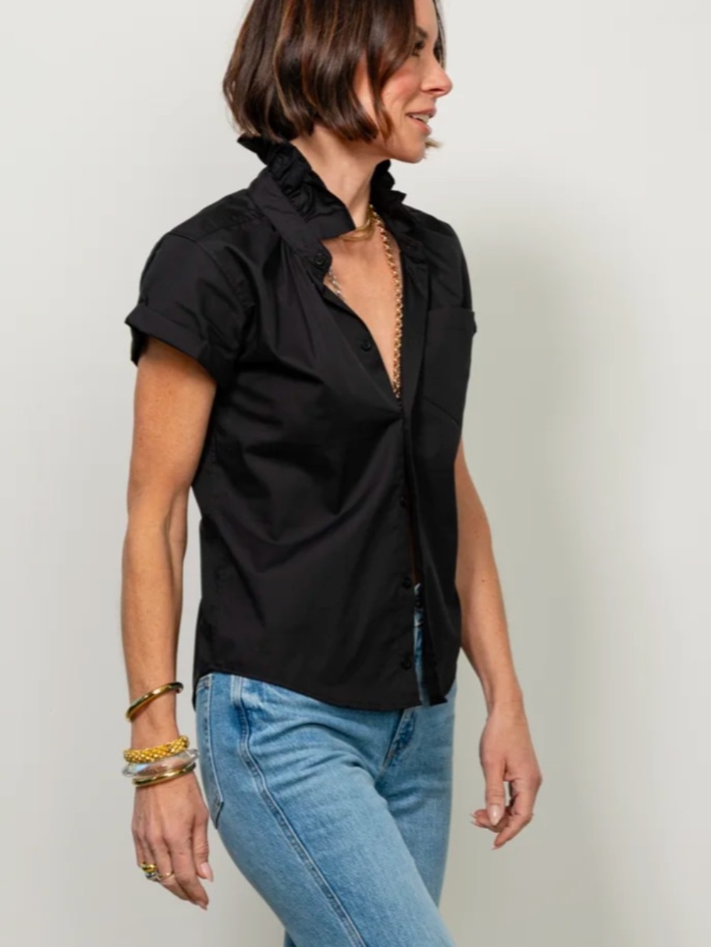 KMJ Small Quarantini Black Relaxed Fit Ruffle Neck Cuffed Roll Short Sleeve Work